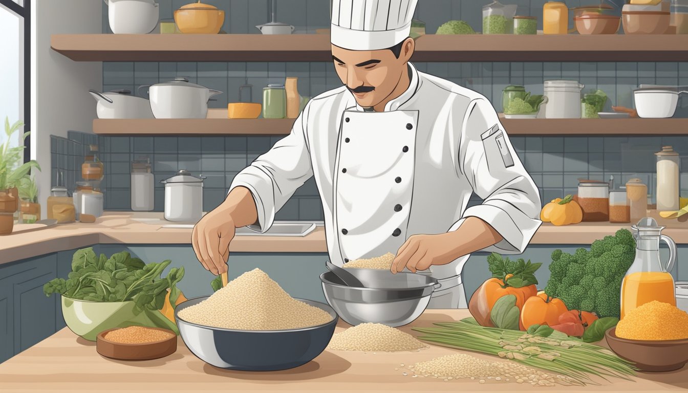 A chef reaching for arborio rice among various specialty ingredients on a kitchen counter