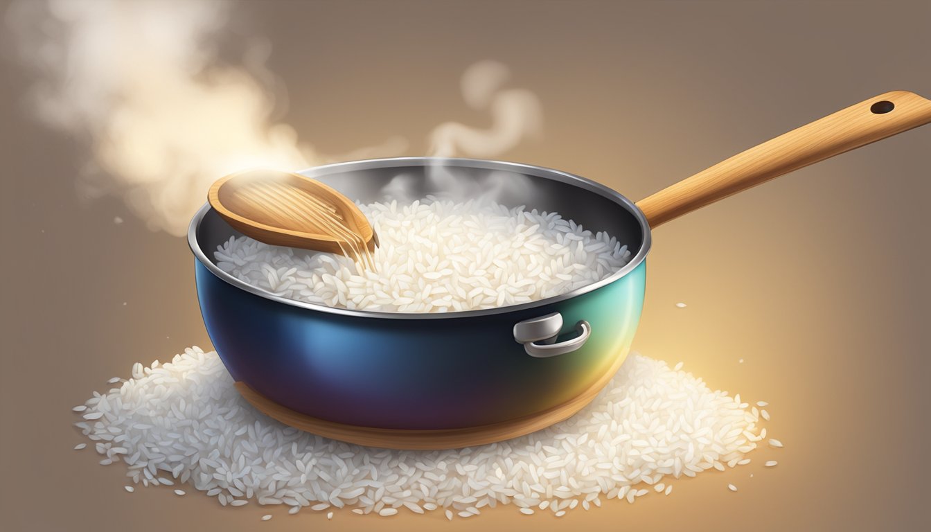 A wooden spoon stirring a pot of boiling carnaroli rice with steam rising