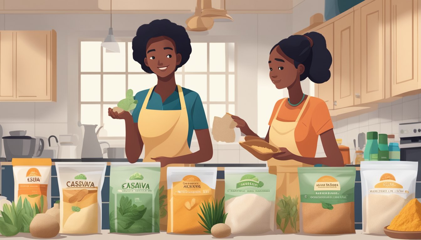 A woman in a kitchen, holding a bag of cassava flour while looking at a variety of cassava-based products on the counter