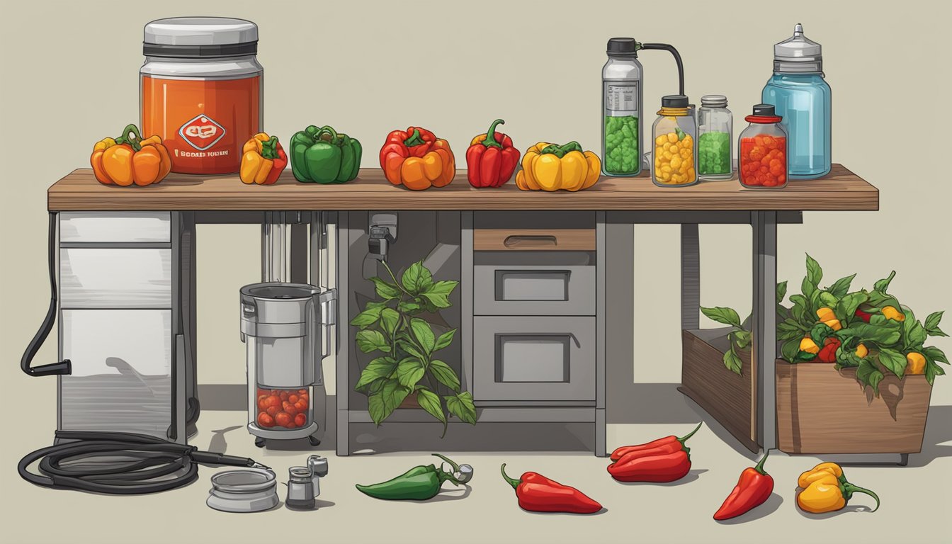 A table with various peppers, including Carolina Reaper, surrounded by medical equipment and warning signs