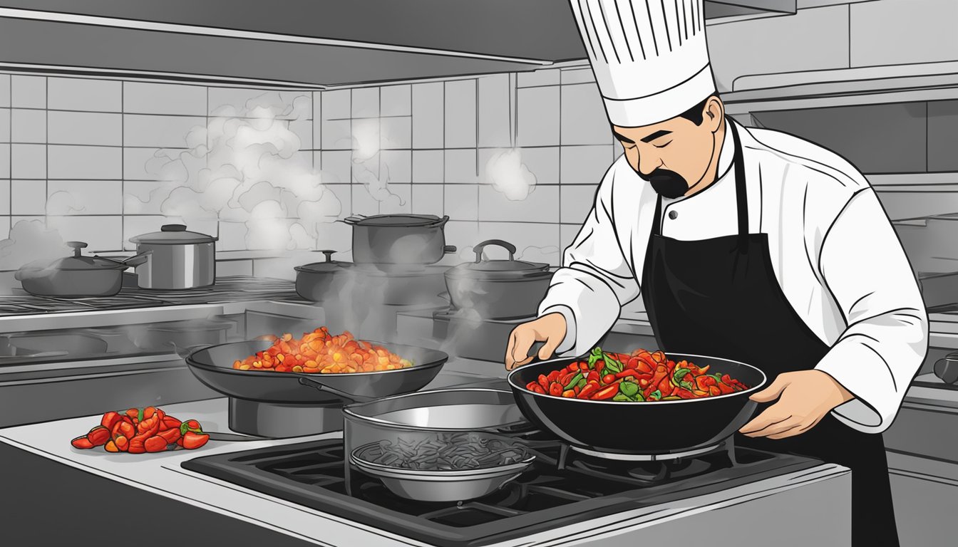 A chef adding diced Carolina Reaper peppers to a sizzling stir-fry in a large wok