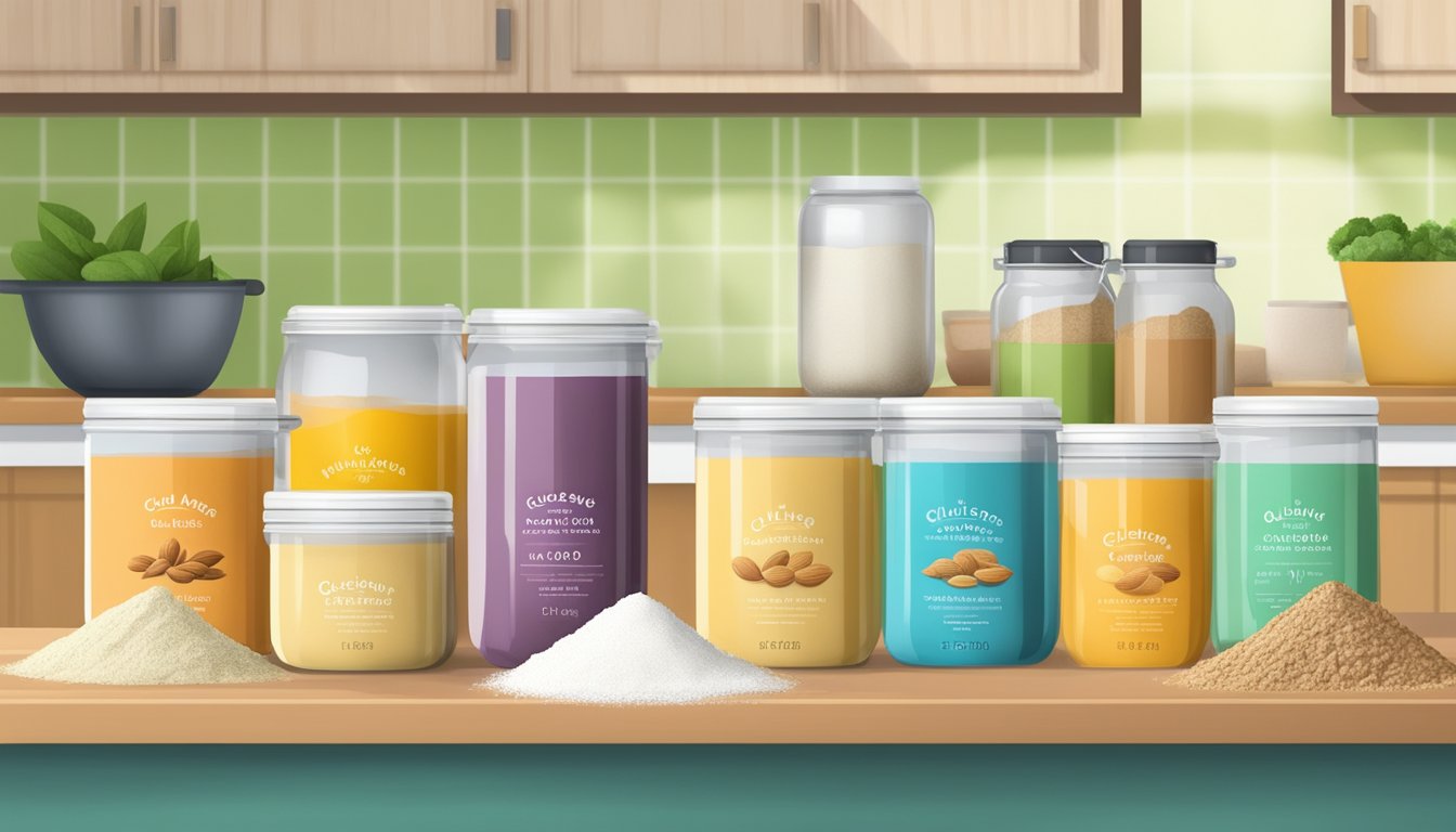 A kitchen counter with various gluten-free alternatives to cassava flour, such as almond flour, coconut flour, and tapioca starch, arranged in colorful containers