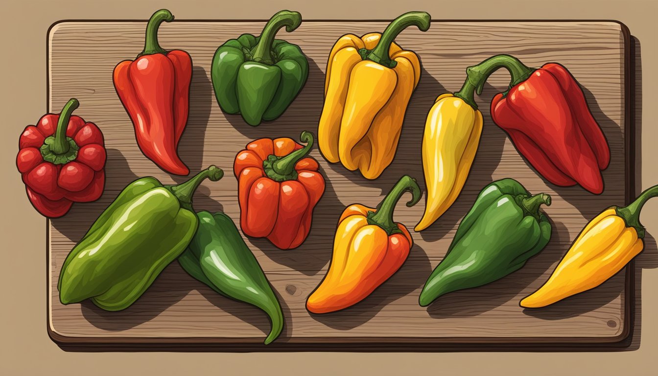 A variety of peppers, including carolina reaper, arranged on a wooden cutting board