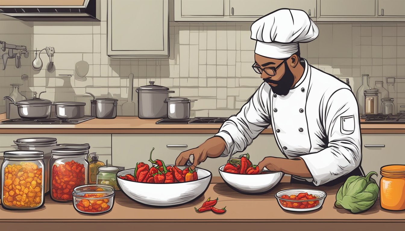 A chef experimenting with various spicy ingredients, including habanero and ghost peppers, to find substitutes for the extremely hot carolina reaper peppers