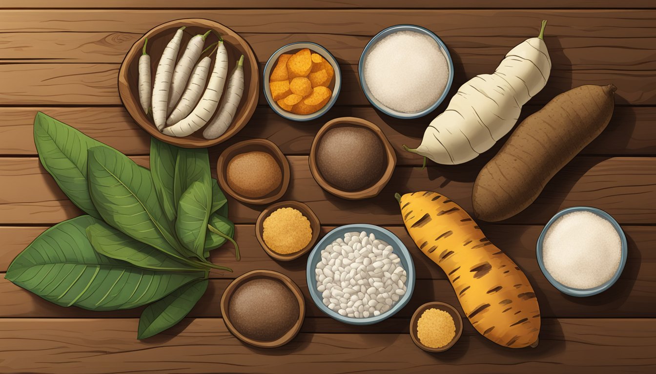 A variety of cassava substitutes displayed on a wooden table, including yams, sweet potatoes, and plantains, each with their unique taste and texture