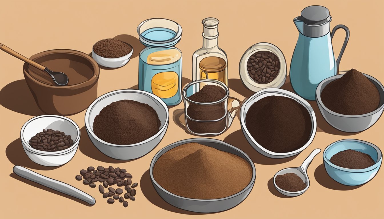 A kitchen counter with bowls of carob powder, cocoa powder, and other potential substitutes, along with various baking and cooking utensils