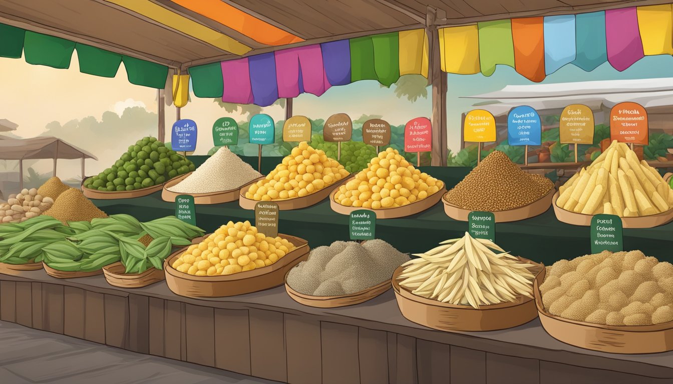 A colorful market display of various cassava substitutes from different cultures and regions