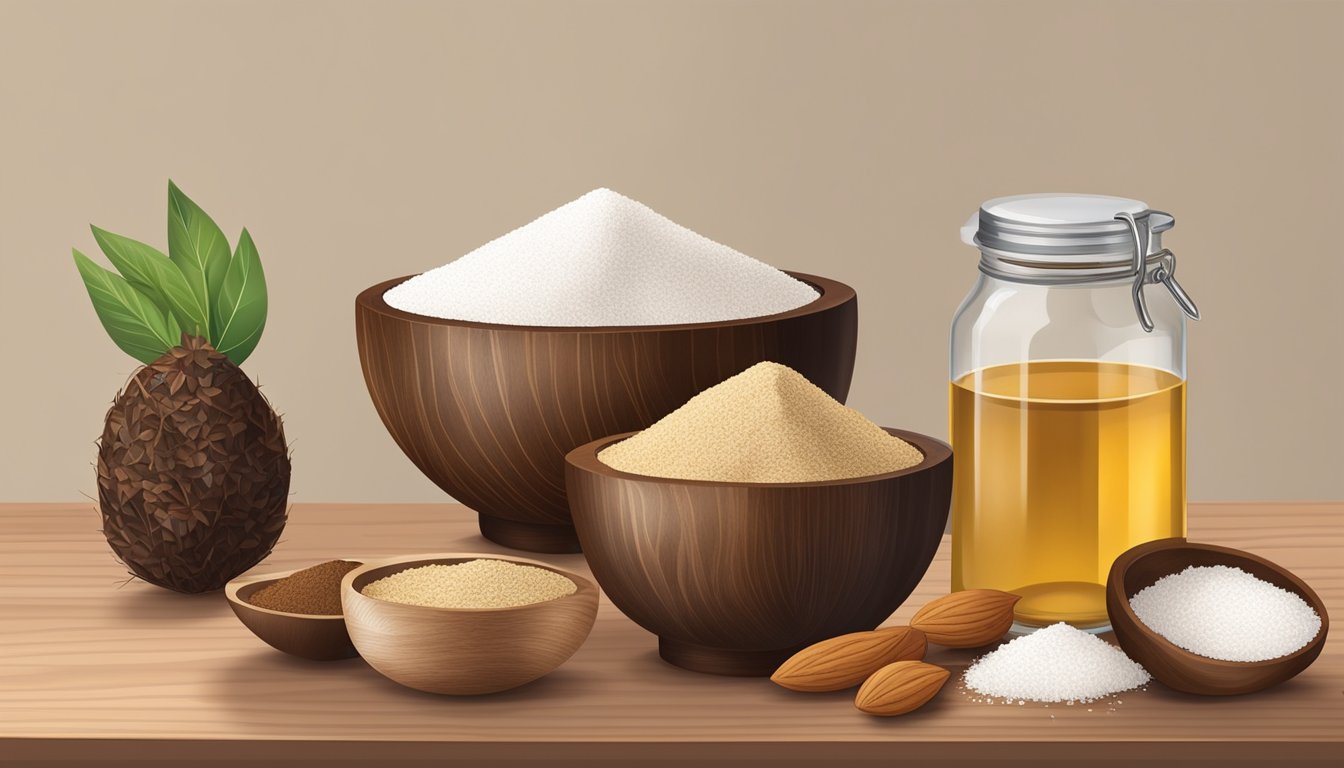 A wooden bowl filled with carob powder, almond flour, and coconut oil on a kitchen counter