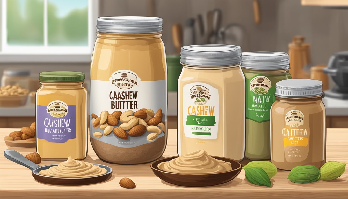 A jar of cashew butter sits next to various alternative nut butters on a wooden table, surrounded by a variety of nuts and a food processor