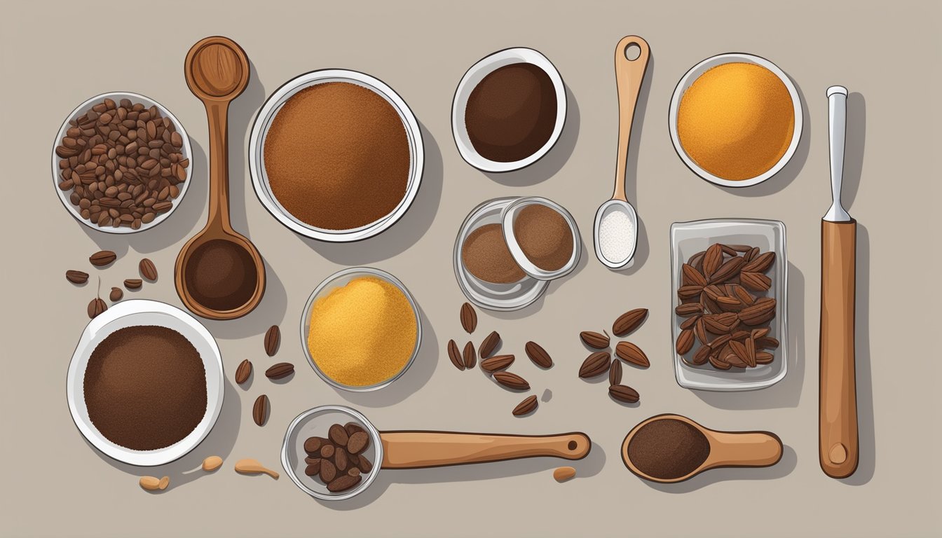 A kitchen counter with various ingredients and measuring tools, including carob powder and potential substitutes like cocoa powder and ground cinnamon