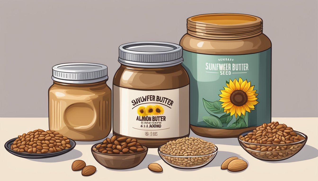 A jar of sunflower seed butter and almond butter next to a bowl of mixed seeds and nuts