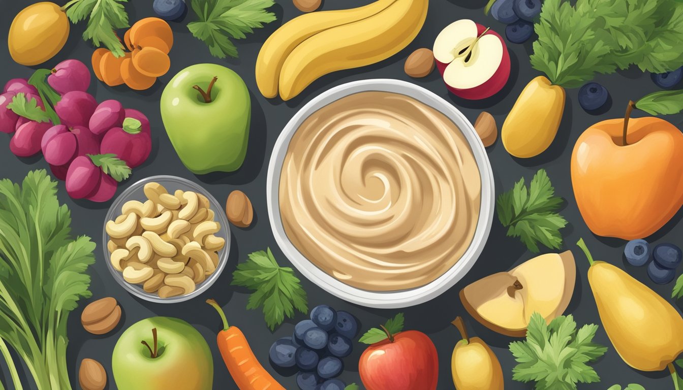 A bowl of cashew butter surrounded by a variety of fruits and vegetables, such as apples, carrots, and celery, with a jar of cashews in the background