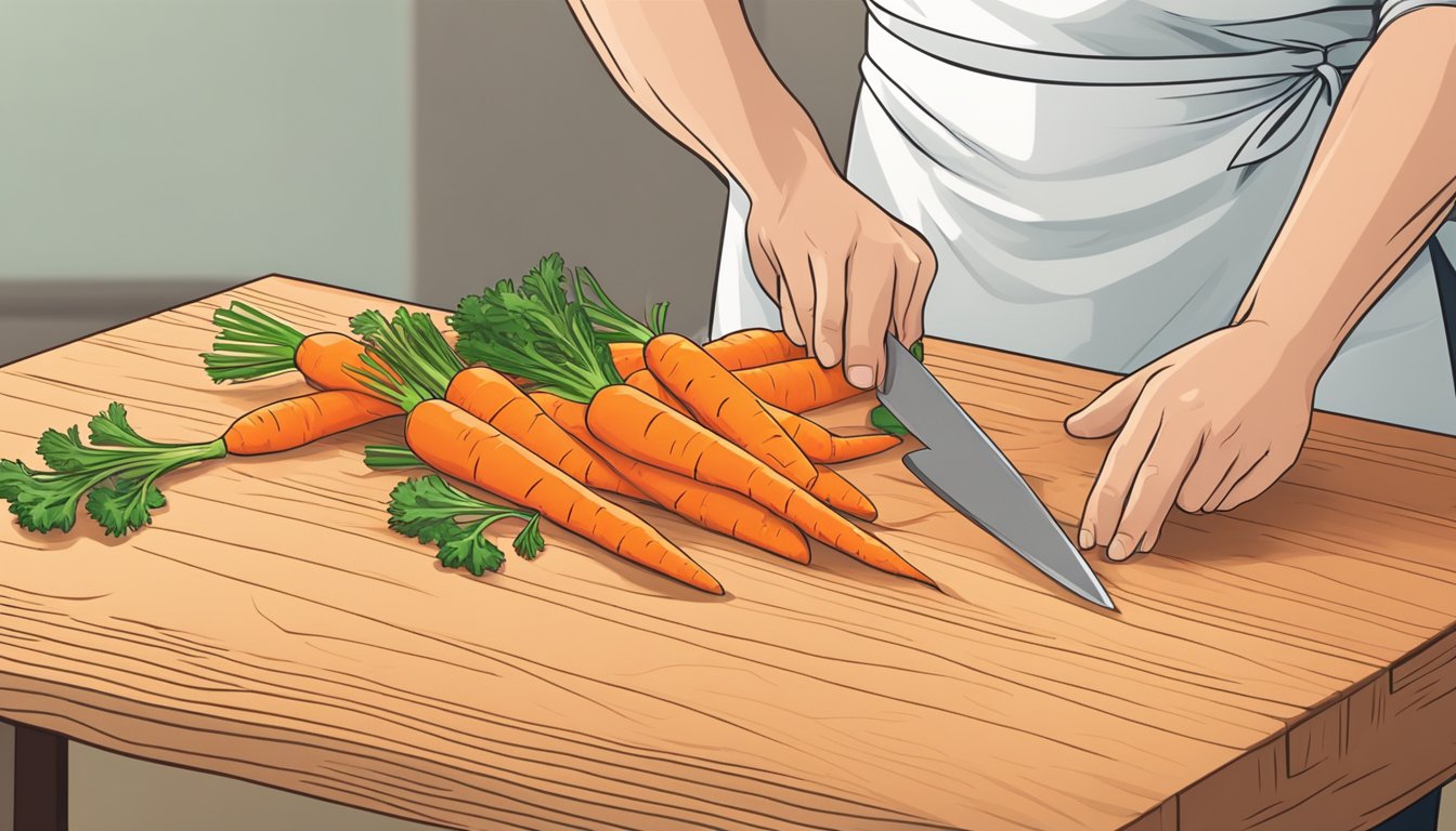 Fresh carrots being chopped into uniform slices on a wooden cutting board. A chef's knife and a pile of carrot peels are nearby