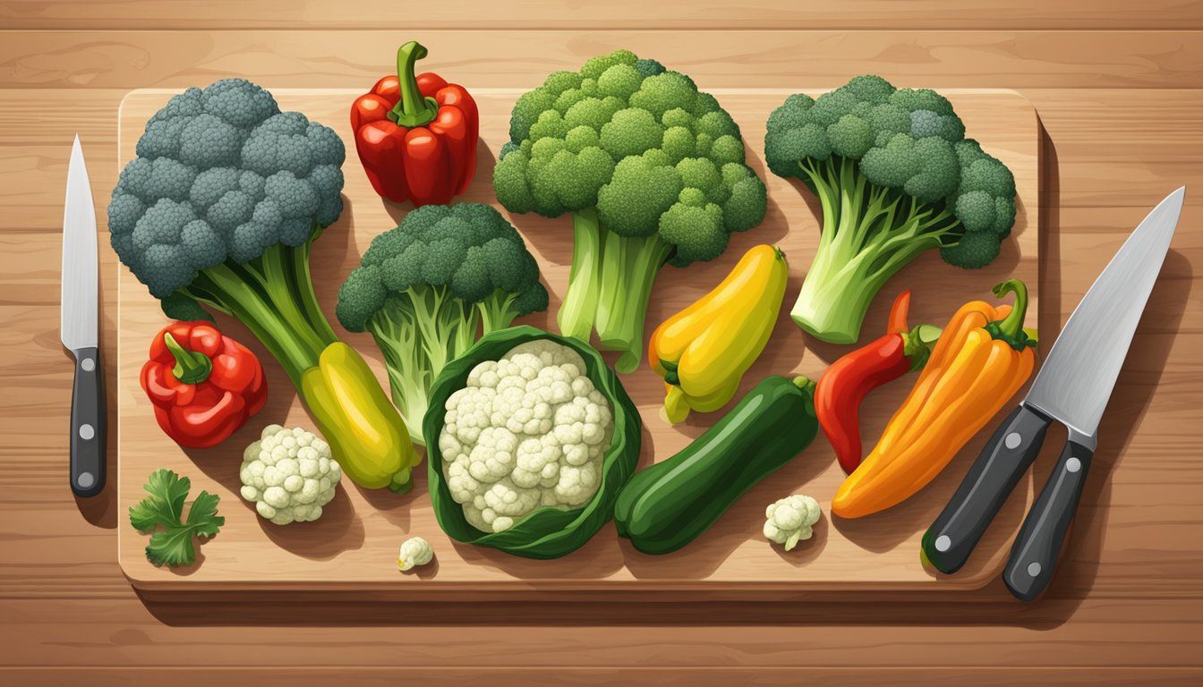 A variety of vegetables arranged on a cutting board, including broccoli, zucchini, and bell peppers, with a head of cauliflower nearby