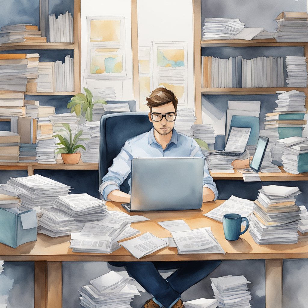 A solopreneur sits at a cluttered desk, overwhelmed by stacks of papers and digital files. On one side, a team of content analysts work efficiently, while on the other, a freelancer struggles to keep up with the workload