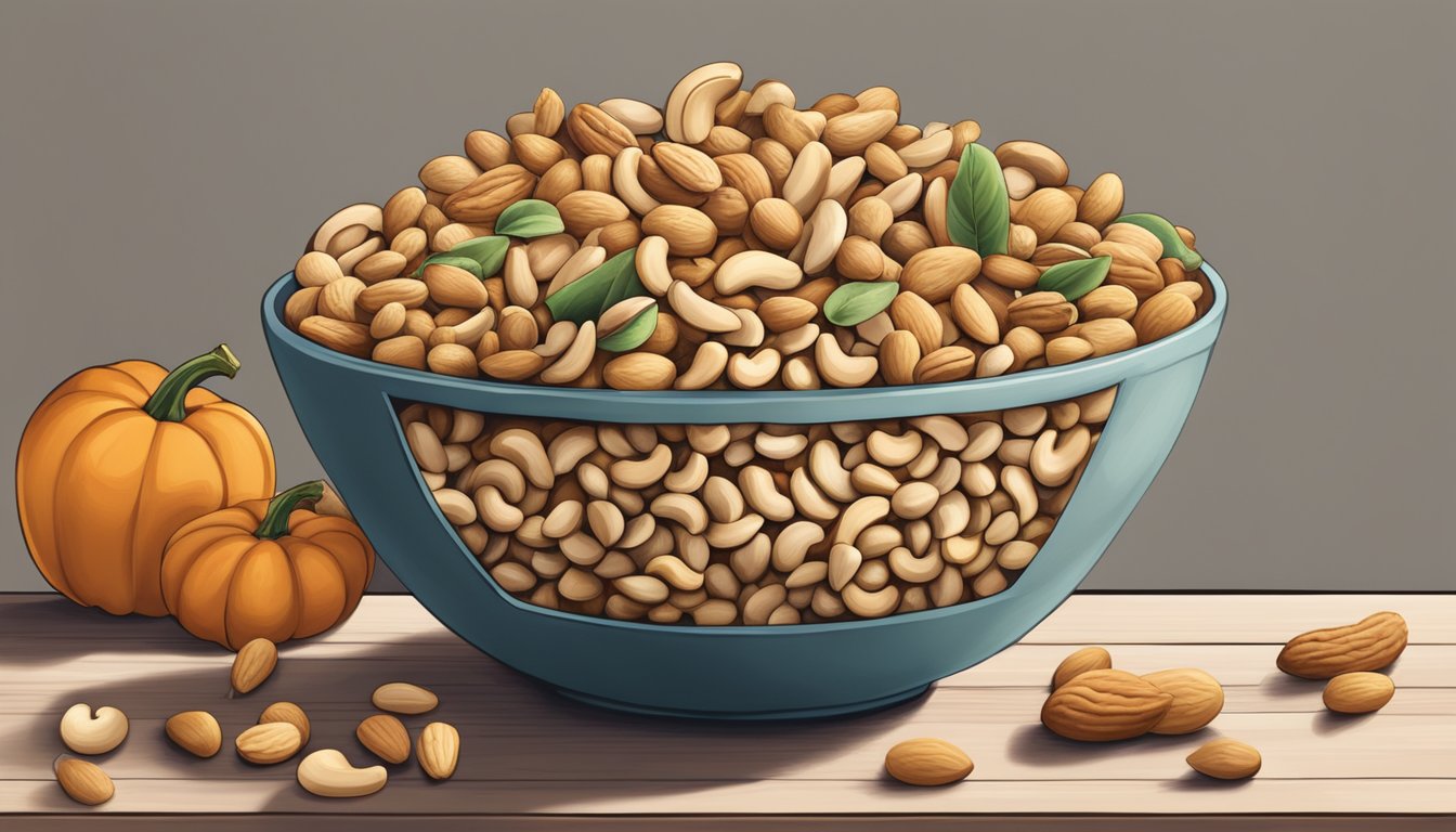 A bowl of cashews sits next to a variety of alternative nuts and seeds, including almonds, walnuts, and pumpkin seeds. The cashews are highlighted as the focal point of the scene