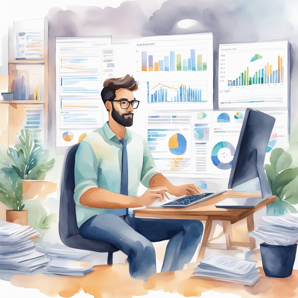 A solopreneur sits at a desk, surrounded by piles of data and charts. They are on a video call with a team of analysts, discussing the pros and cons of outsourcing content analysis for their content marketing strategy