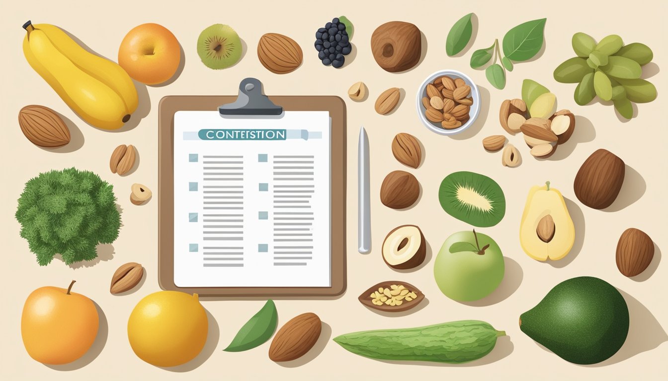 A kitchen counter with various nuts, seeds, and fruits, alongside a list of dietary restrictions and health considerations