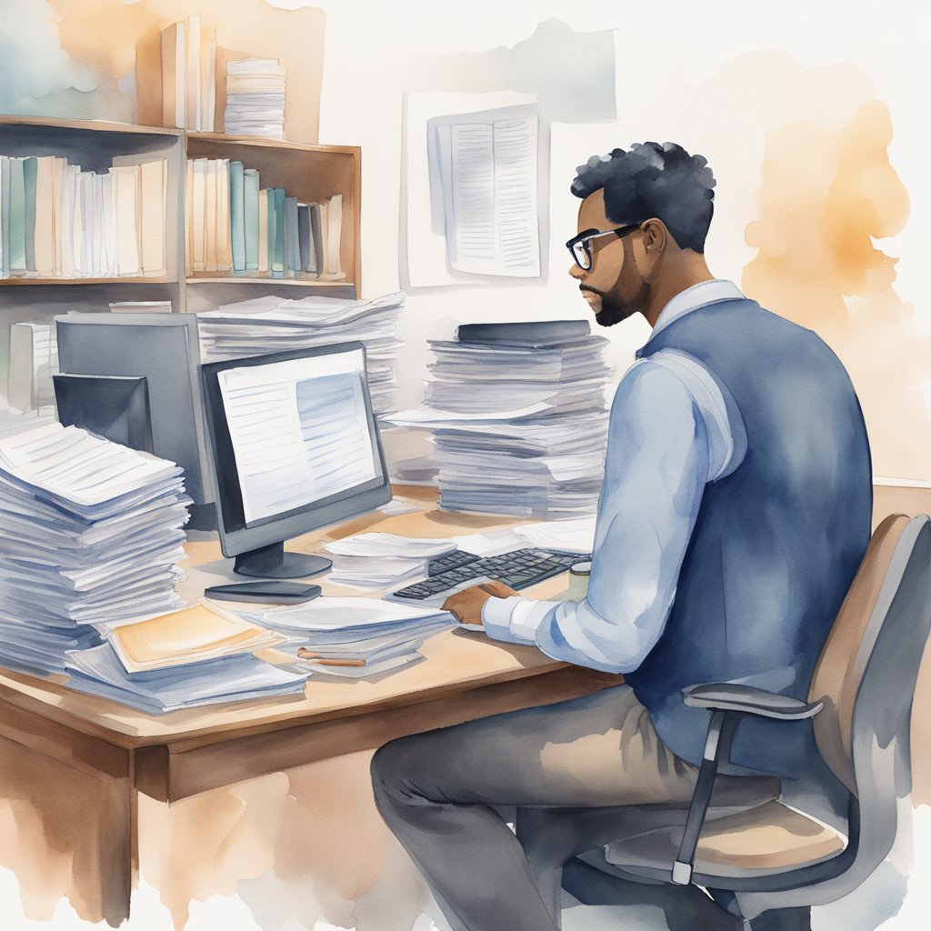 A solopreneur sits at a desk, surrounded by piles of documents and a computer. A second person, representing an outsourcing company, stands nearby, analyzing the content on the computer screen