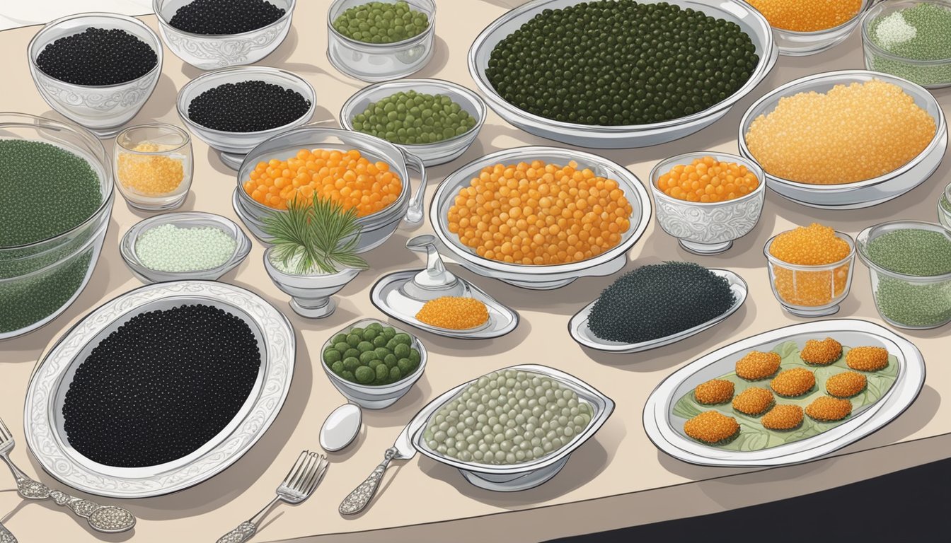 A luxurious table spread with various caviar substitutes, including seaweed pearls, fish roe, and vegan alternatives, surrounded by elegant serving dishes and utensils