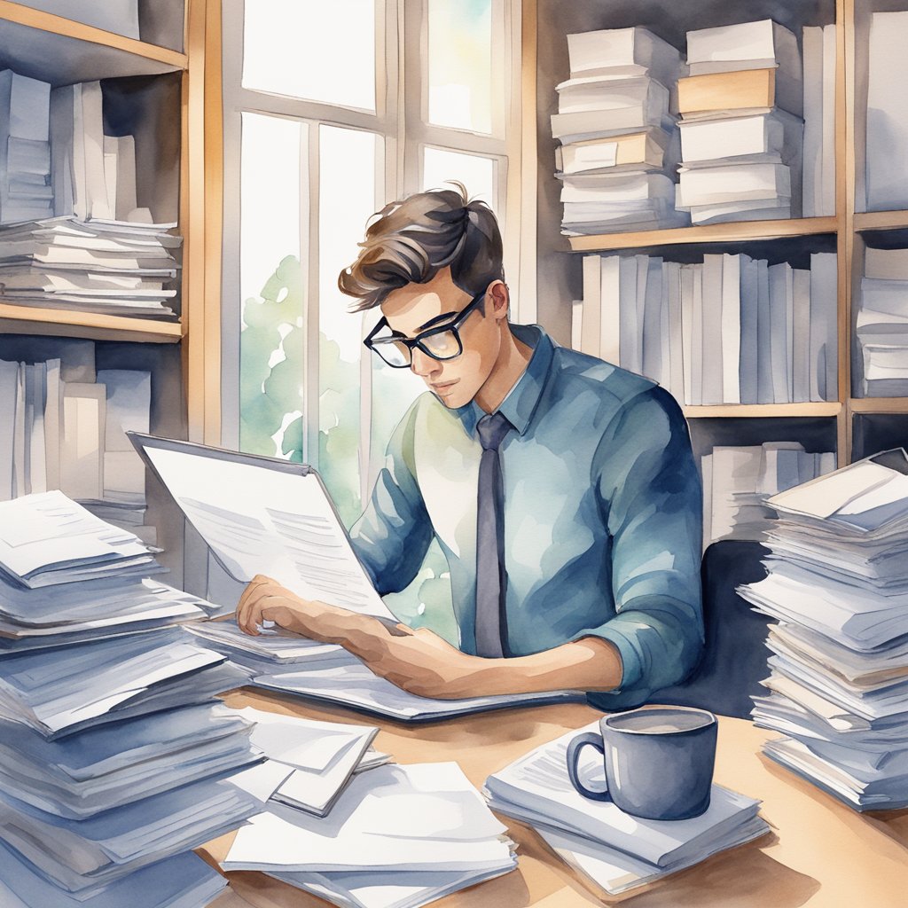 A solopreneur sits at their desk, surrounded by piles of documents and digital files. They are looking stressed and overwhelmed as they try to analyze and organize the content for their marketing strategy