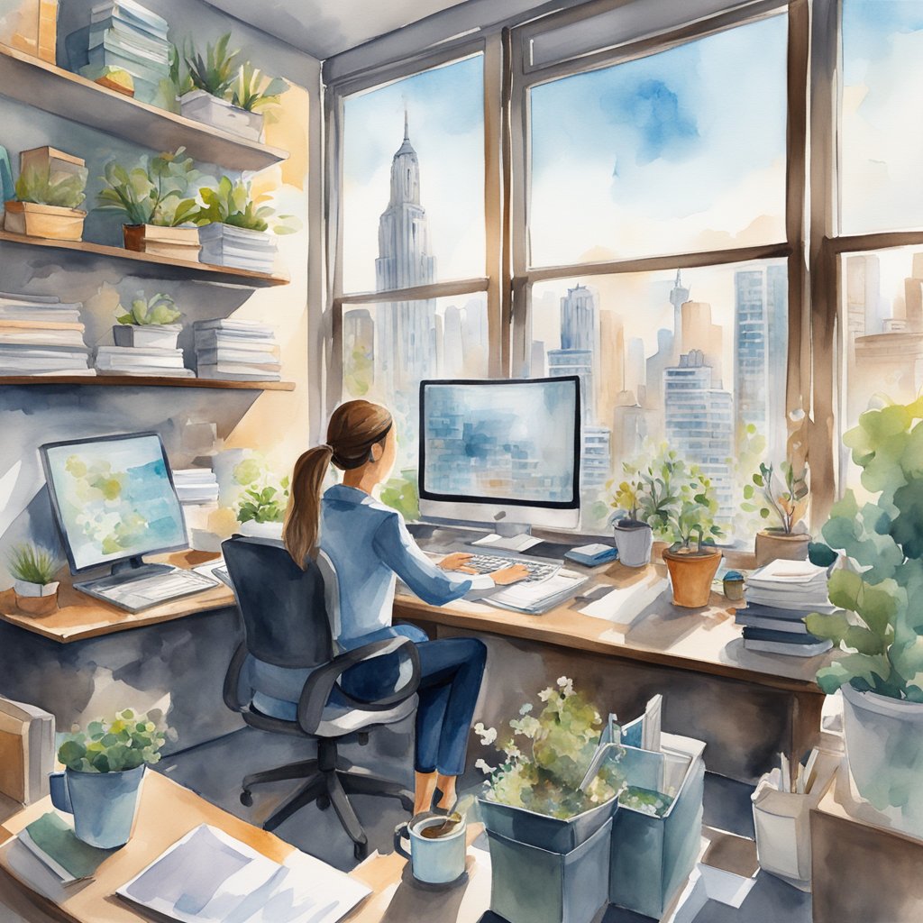 A solopreneur sits at a cluttered desk, juggling multiple tasks while a virtual assistant manages content analysis. Outside the window, a bustling cityscape symbolizes the potential for growth and expansion through outsourcing