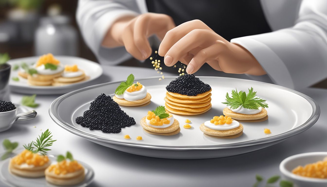 A chef carefully sprinkles caviar substitutes onto a delicate dish of blinis and crème fraîche, adding a touch of luxury to the culinary creation