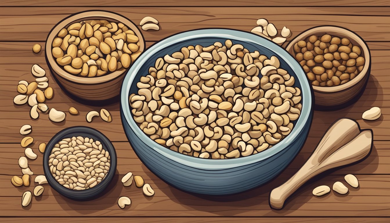 A bowl of cashews and various grains and legumes arranged on a wooden cutting board