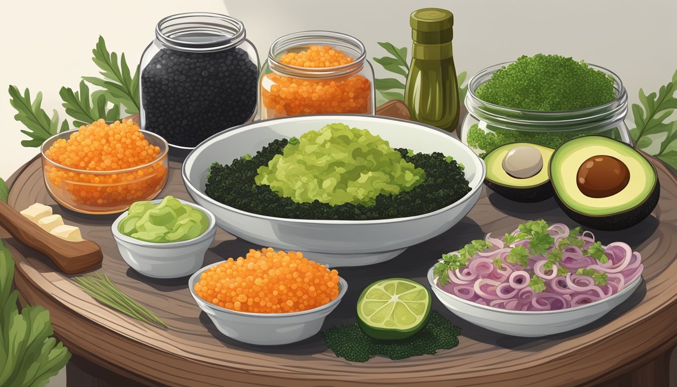 A table set with various gourmet ingredients, including seaweed, avocado, and pickled vegetables, with a jar of caviar in the center