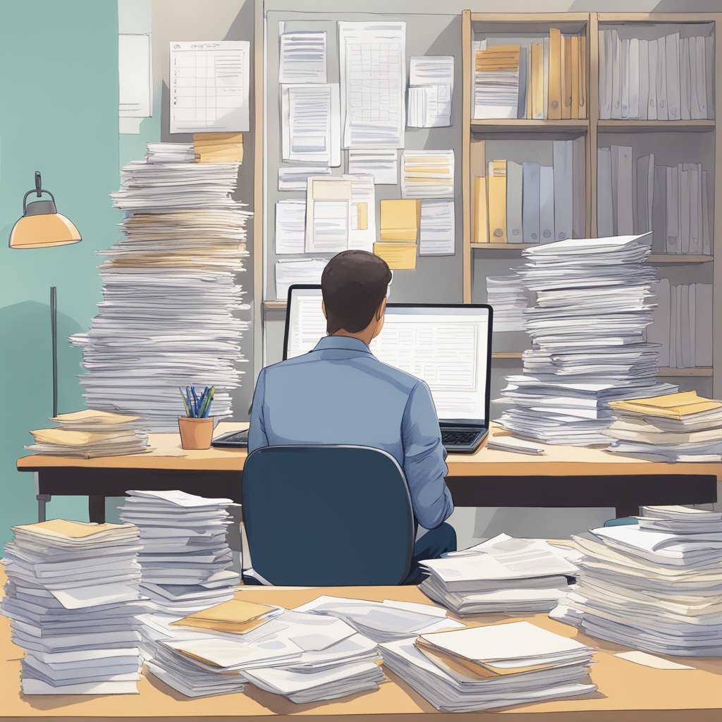 A solopreneur sits at a desk, surrounded by piles of papers and a laptop. On one side, a stack of content analysis reports from an outsourcing company, on the other, a list of pros and cons