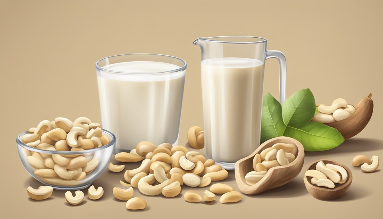 A glass of cashew milk surrounded by a pile of cashew nuts and a measuring cup of nutritional values