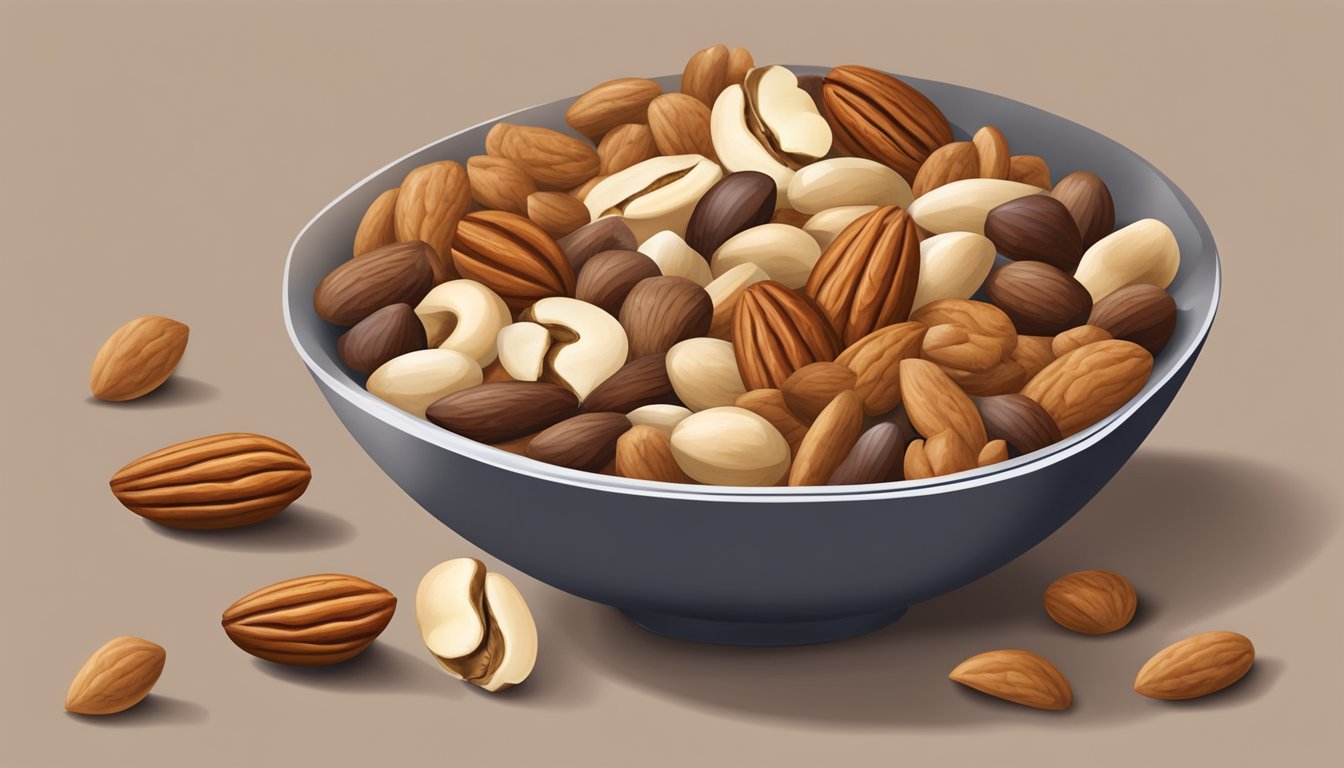 A bowl of mixed nuts with a prominent cashew substitute among almonds, walnuts, and pecans