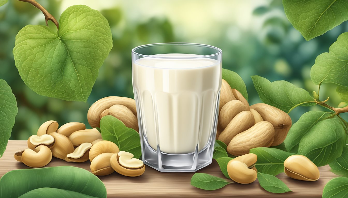 A glass of cashew milk surrounded by cashew nuts and a cashew tree in the background