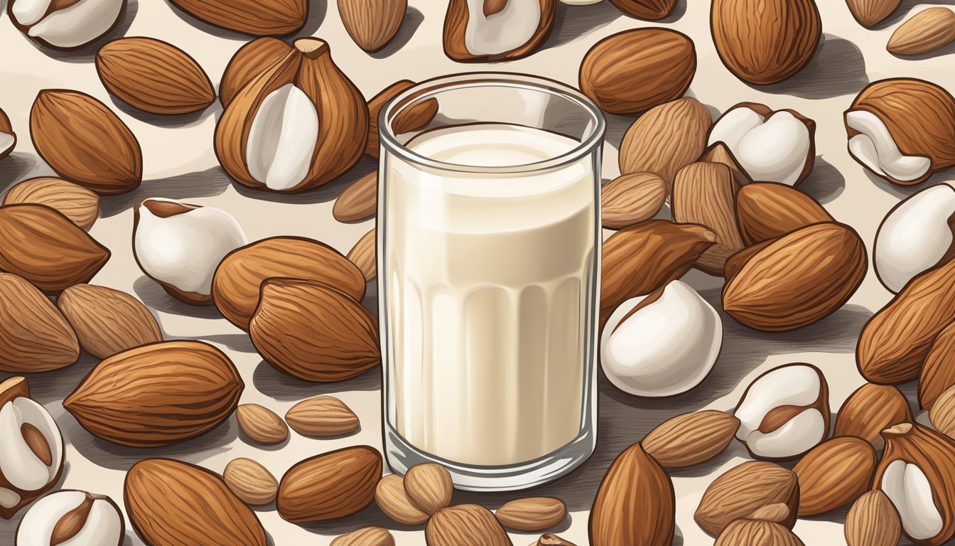 A variety of nuts - almonds, hazelnuts, and macadamias - arranged around a glass of cashew milk