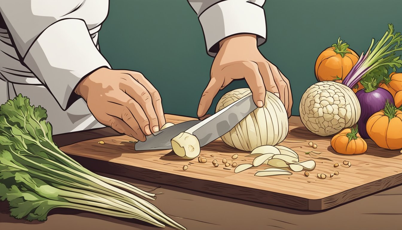 A chef slicing celeriac into thin strips with a sharp knife on a wooden cutting board, surrounded by various other root vegetables