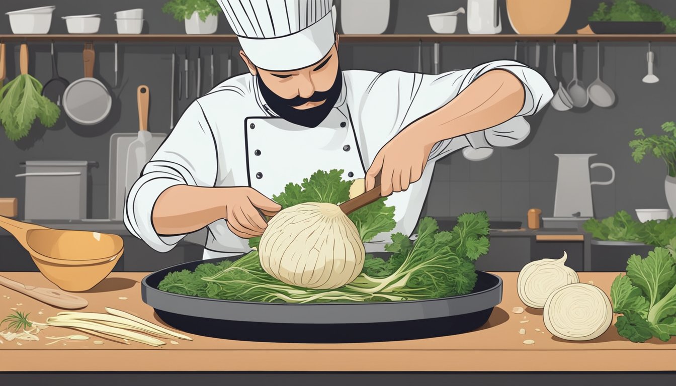 A chef grates celeriac into a bowl, preparing to use it as a substitute in a recipe. A cutting board, knife, and other ingredients are nearby