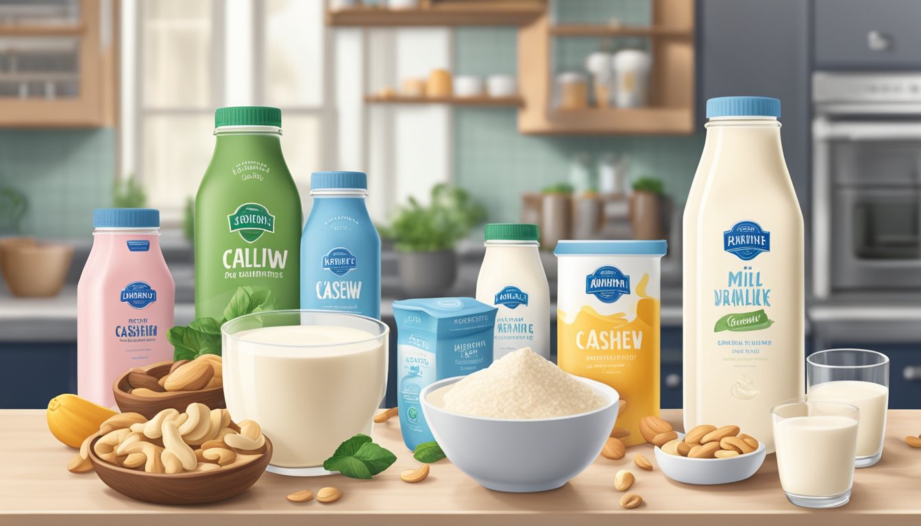 A hand pouring cashew milk substitute into a glass from a carton, surrounded by various other milk alternatives on a kitchen counter