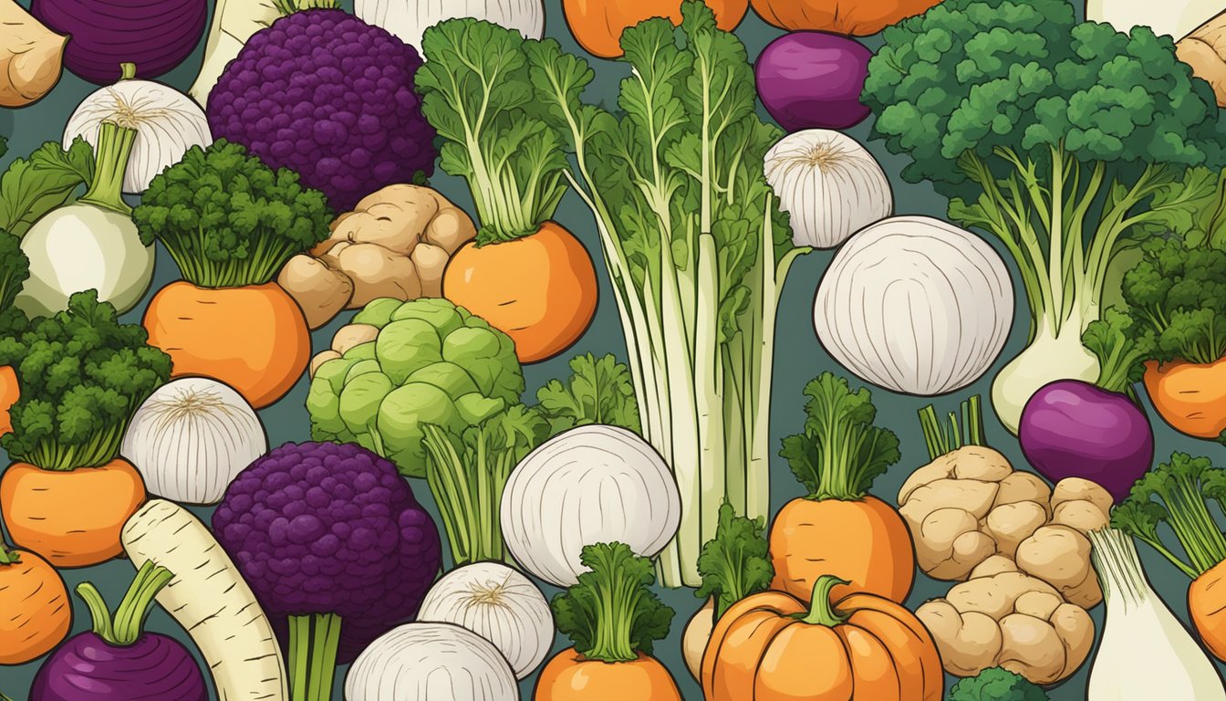 A variety of vegetables arranged in a colorful display, including celery root, parsnips, turnips, and kohlrabi