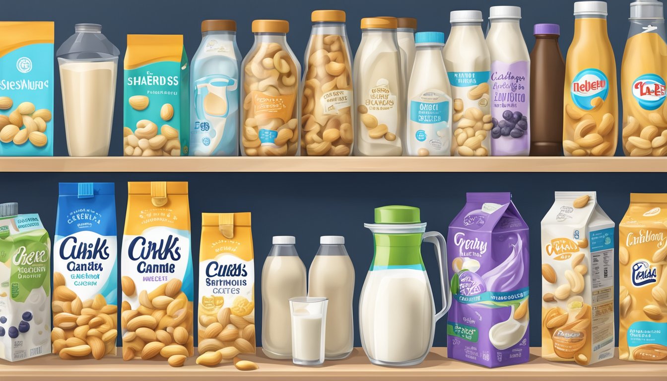 A pantry shelf with various non-dairy milk cartons and a shopping bag filled with cashews and a blender