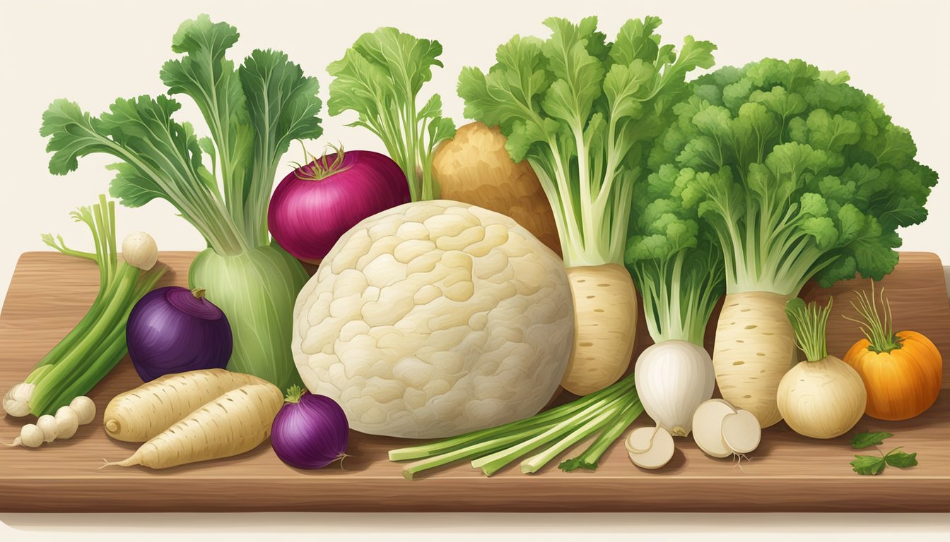 A variety of vegetables arranged on a wooden cutting board, including celery root, parsnips, and turnips. A knife and peeler are nearby