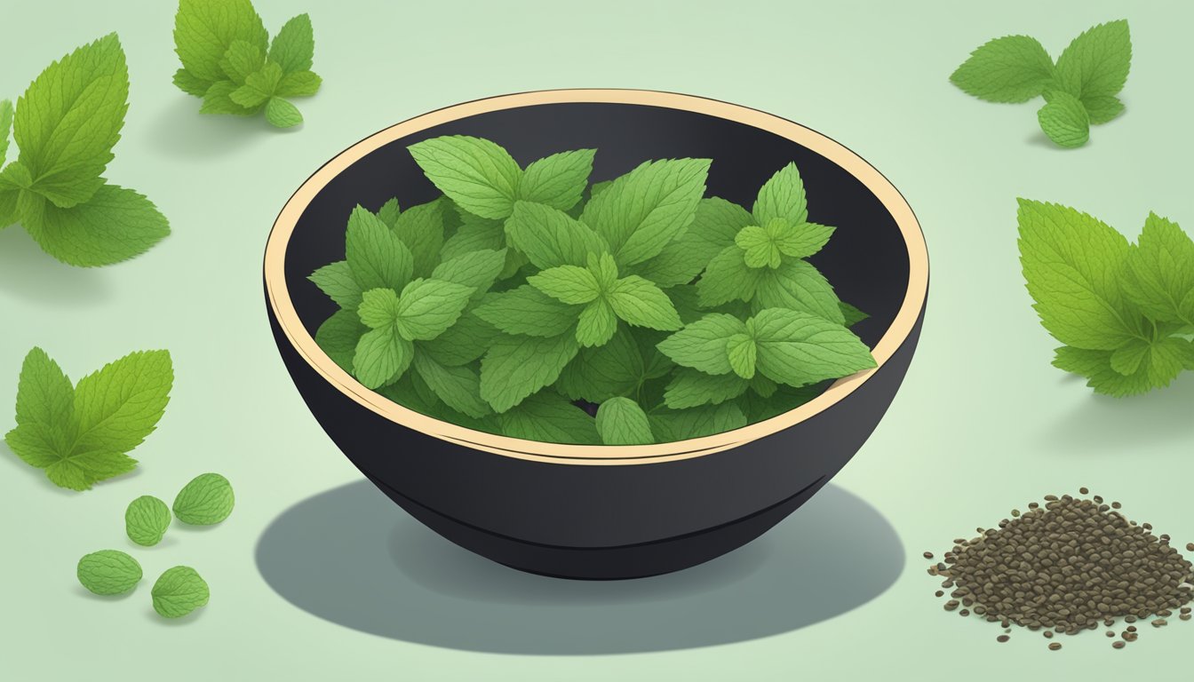 A small bowl of dried mint leaves next to a scattering of catnip seeds