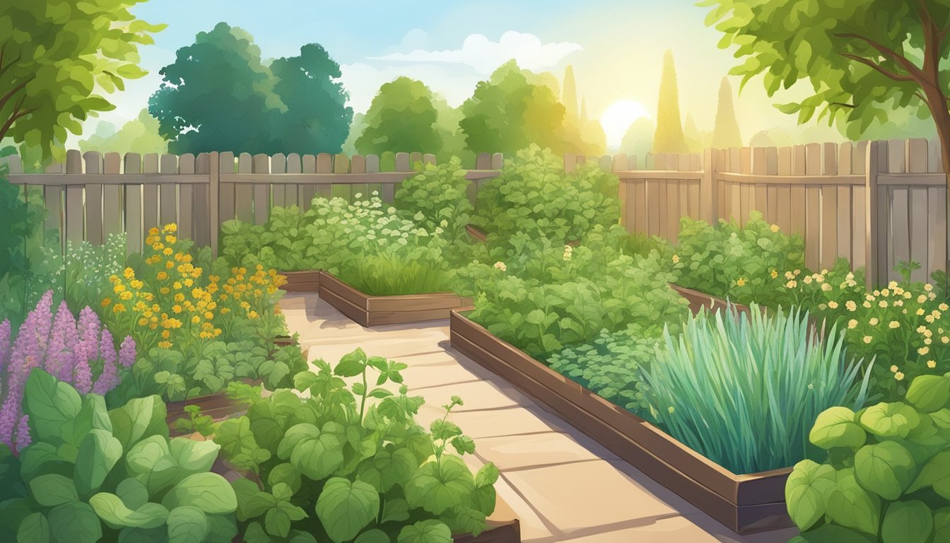 A garden with various herbs and plants, including catnip and its substitutes, growing in separate plots. The sun is shining, and a gentle breeze rustles the leaves