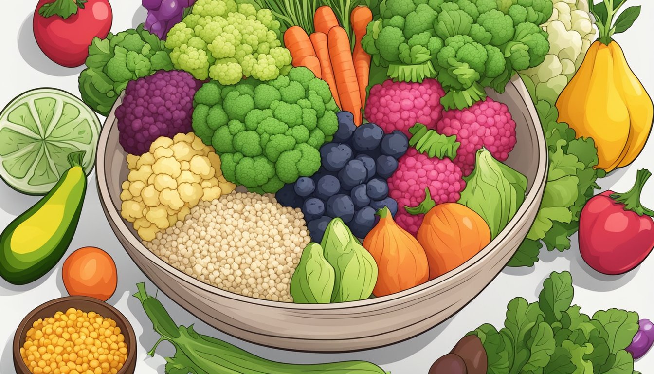 A bowl of colorful cauliflower rice substitutes surrounded by fresh vegetables and fruits