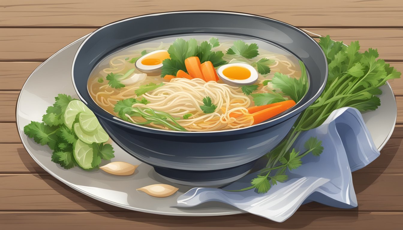 A steaming bowl of cellophane noodle soup, garnished with fresh vegetables and herbs, sits on a rustic wooden table