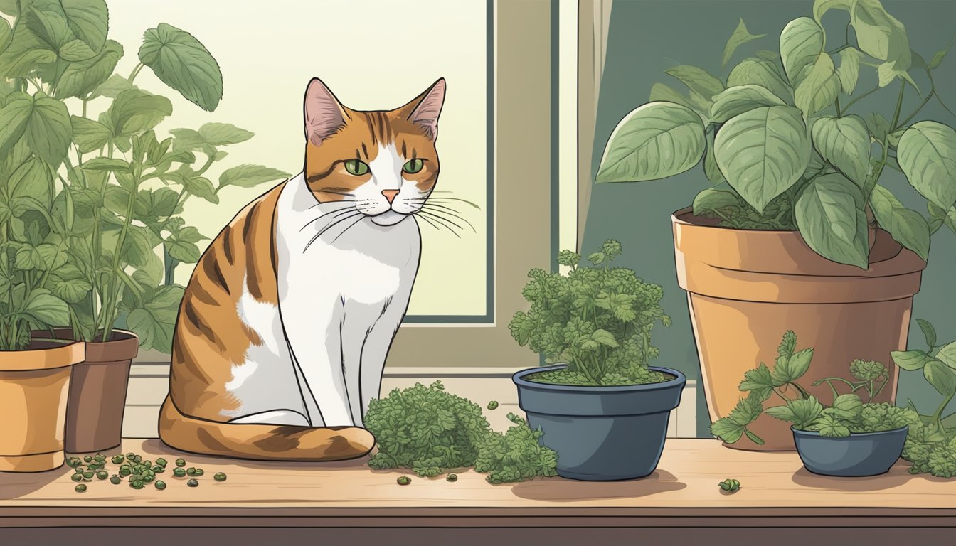 A cat sniffing and rubbing against a potted plant with catnip seeds, while nearby, a variety of alternative catnip substitutes are displayed on a table