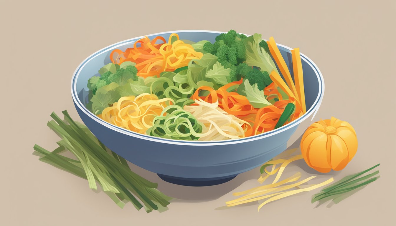 A bowl of colorful vegetable ribbons arranged next to a pile of dry cellophane noodles