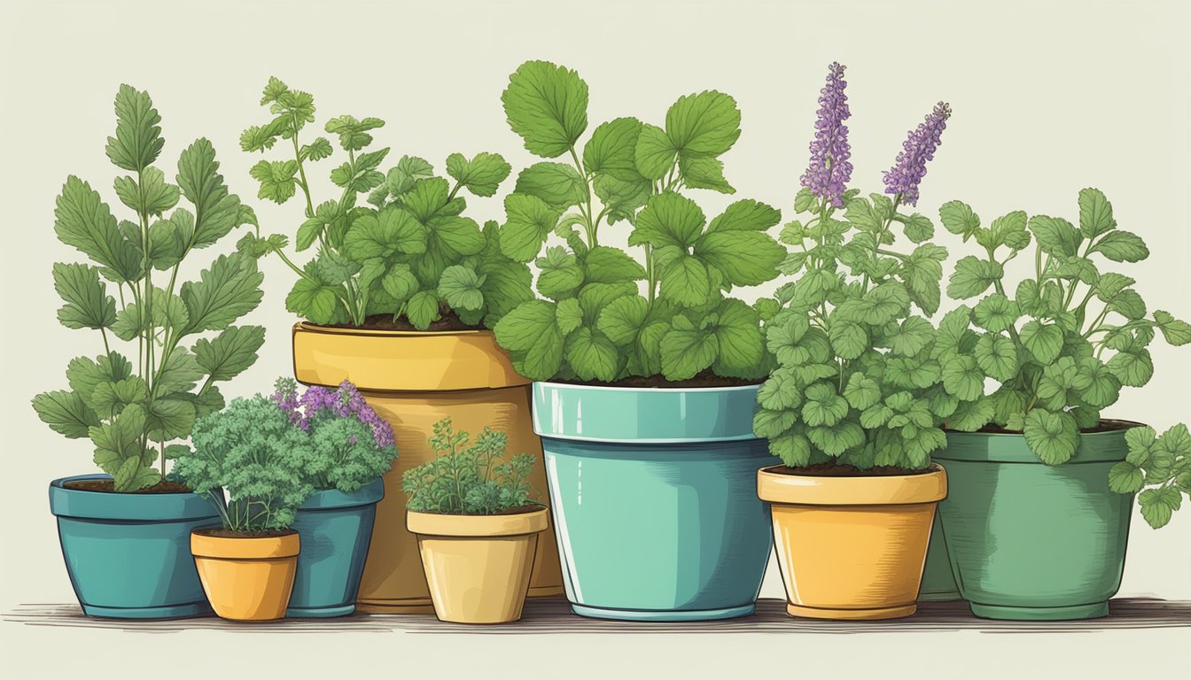 A variety of alternative plants for the herb garden, including catnip substitutes, arranged in colorful pots