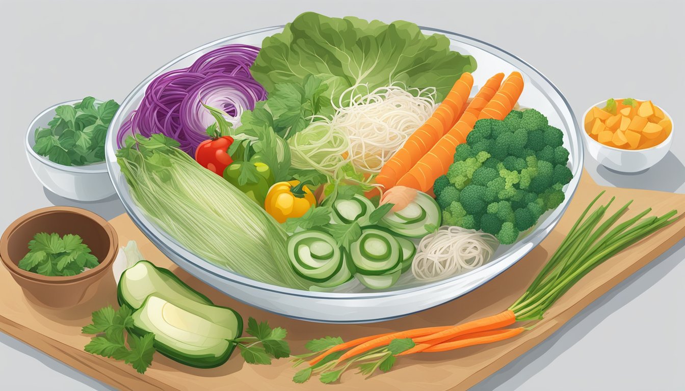 A colorful array of fresh vegetables and alternative ingredients arranged around a bowl of cellophane noodles