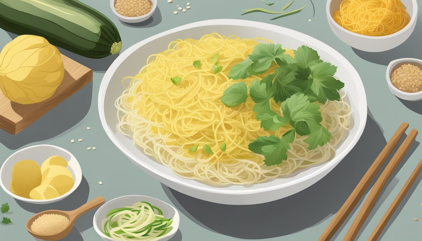 A bowl of cellophane noodles next to alternative ingredients like rice noodles, zucchini, and spaghetti squash