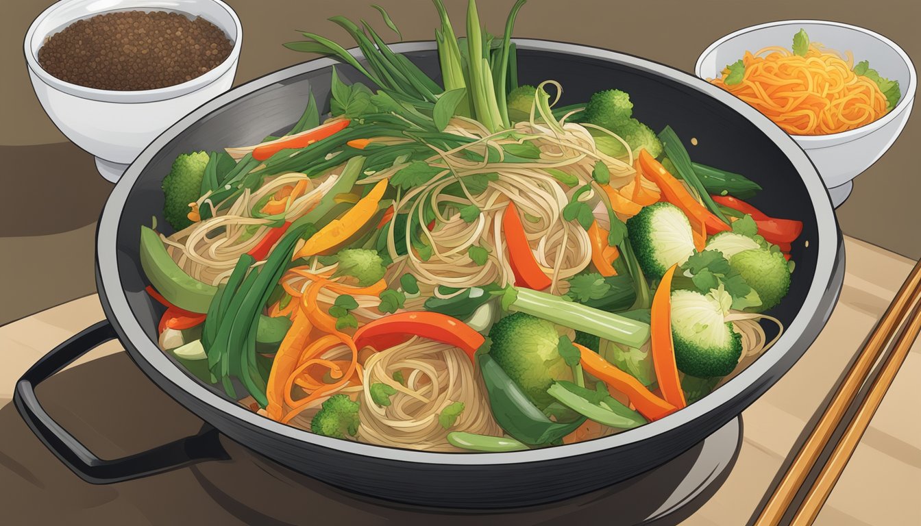 A steaming bowl of stir-fried vegetables and cellophane noodle substitute sizzling in a wok, surrounded by vibrant Asian spices and ingredients